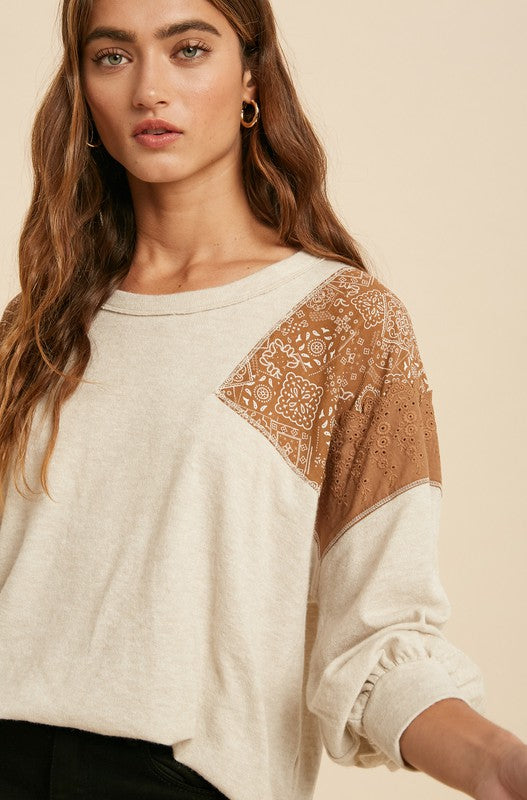 Let's Get Lost Contrast Sleeve Top, Oatmeal