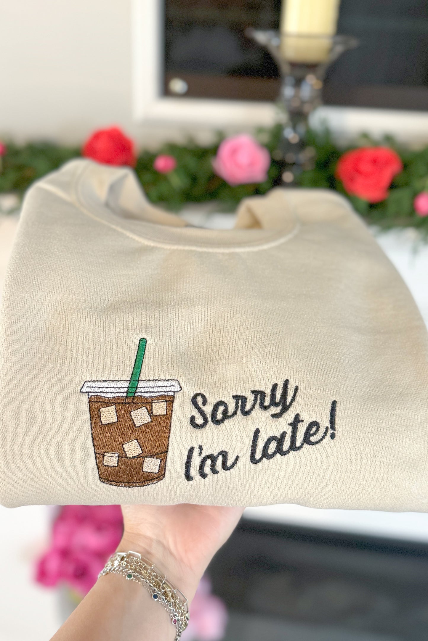 Sorry I'm Late Iced Coffee Embroidered Crewneck