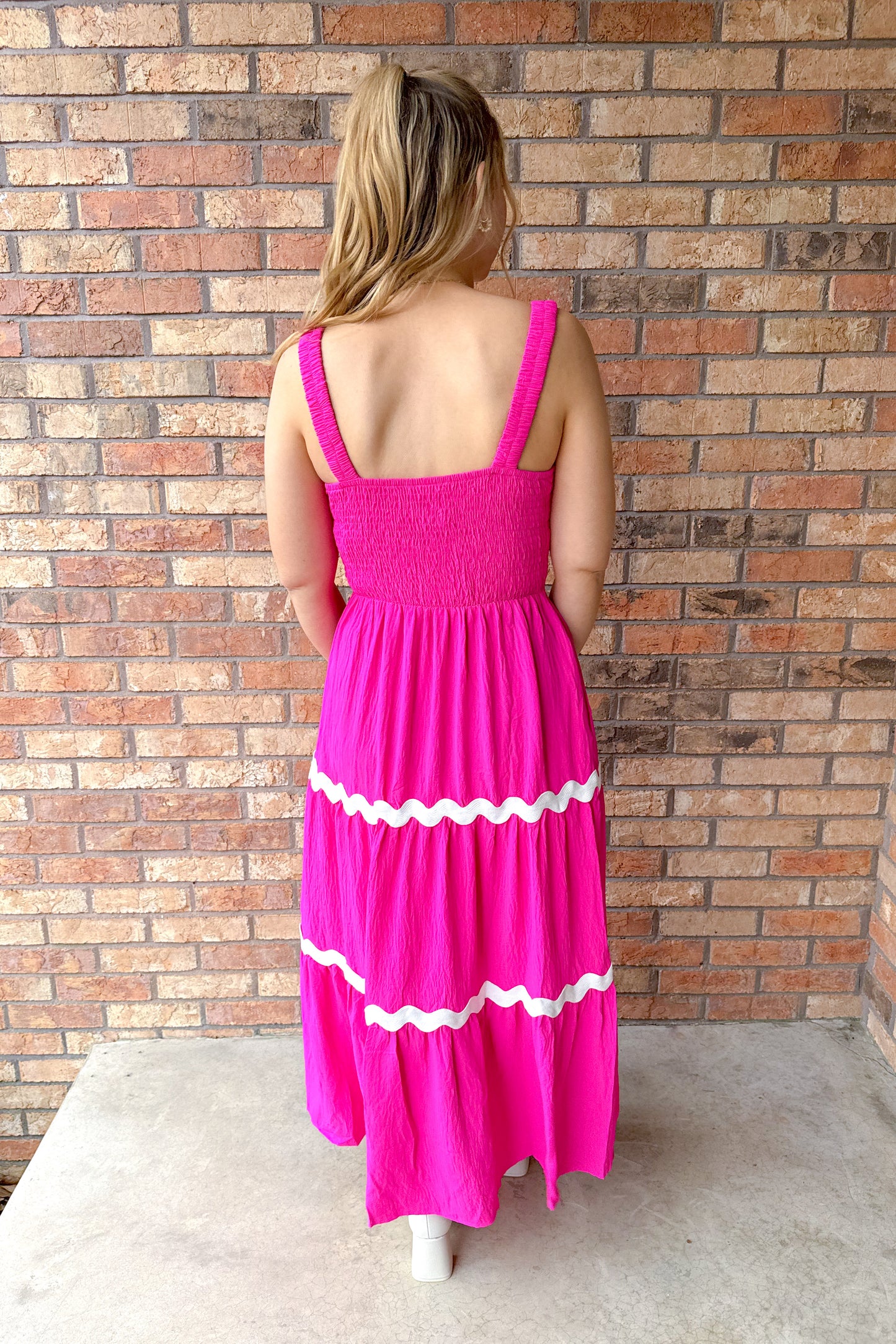 Lola Solid Tiered Midi Dress, Hot Pink