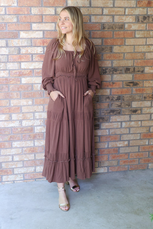 Finding Happiness Gathered Square Neck Maxi Dress, Mocha Mousse