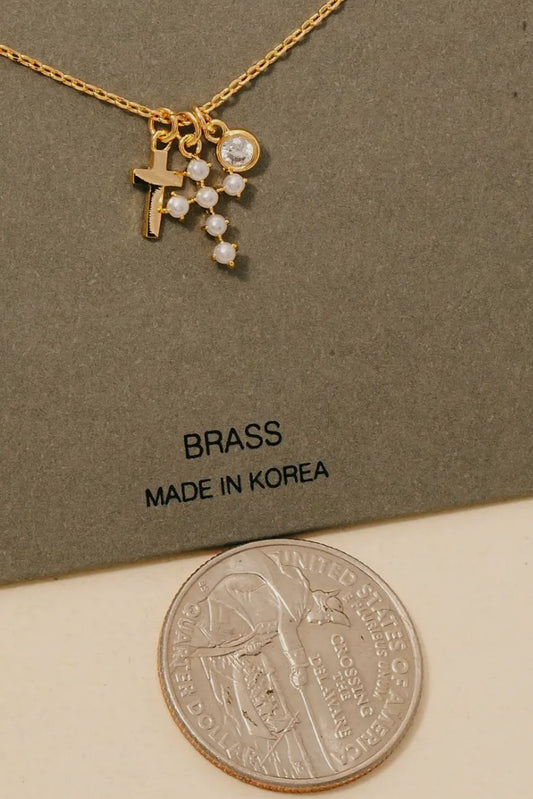 Pearl Cross and Gem Charms Chain Necklace, Gold