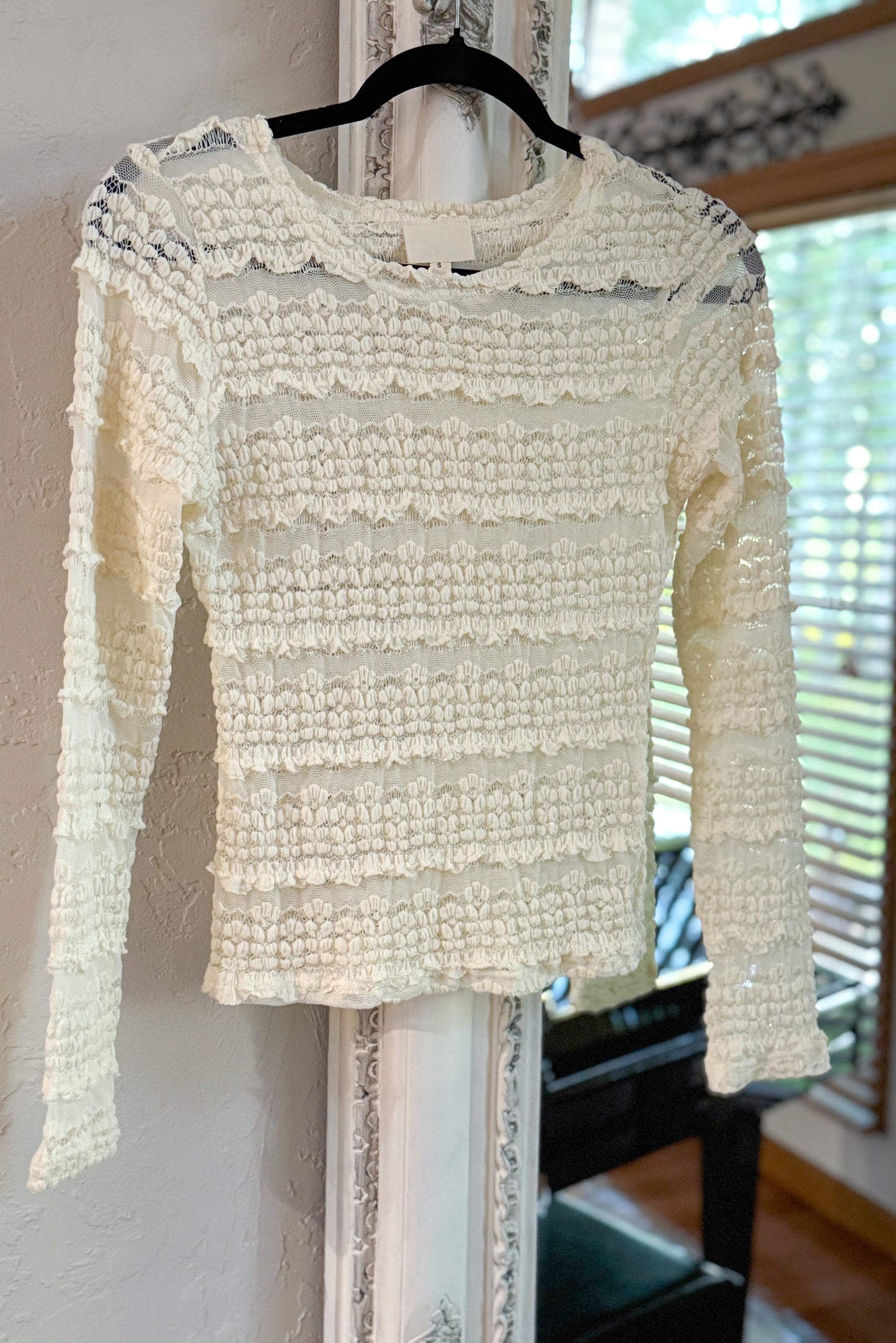 Lady Lux Ruffles Detail Flower Lace Sheer Top, Cream