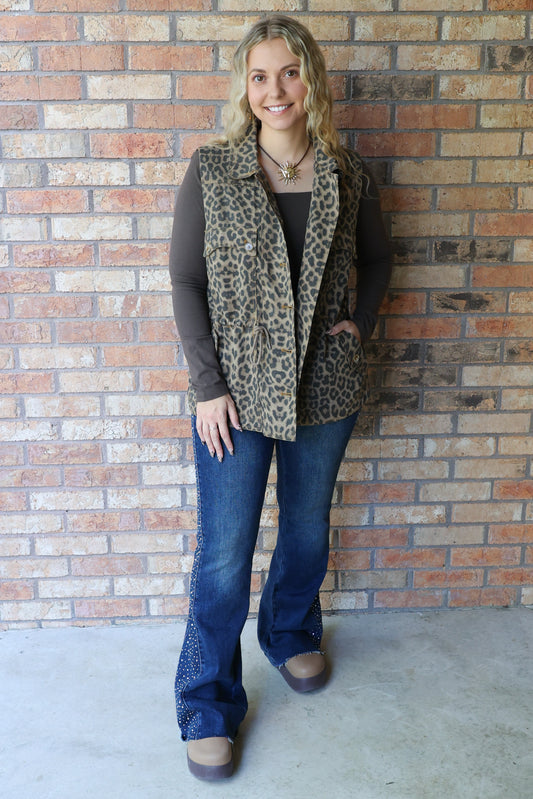 Wildest Dreams Leopard Print Overszied Button-Front Utility Vest, Cedar