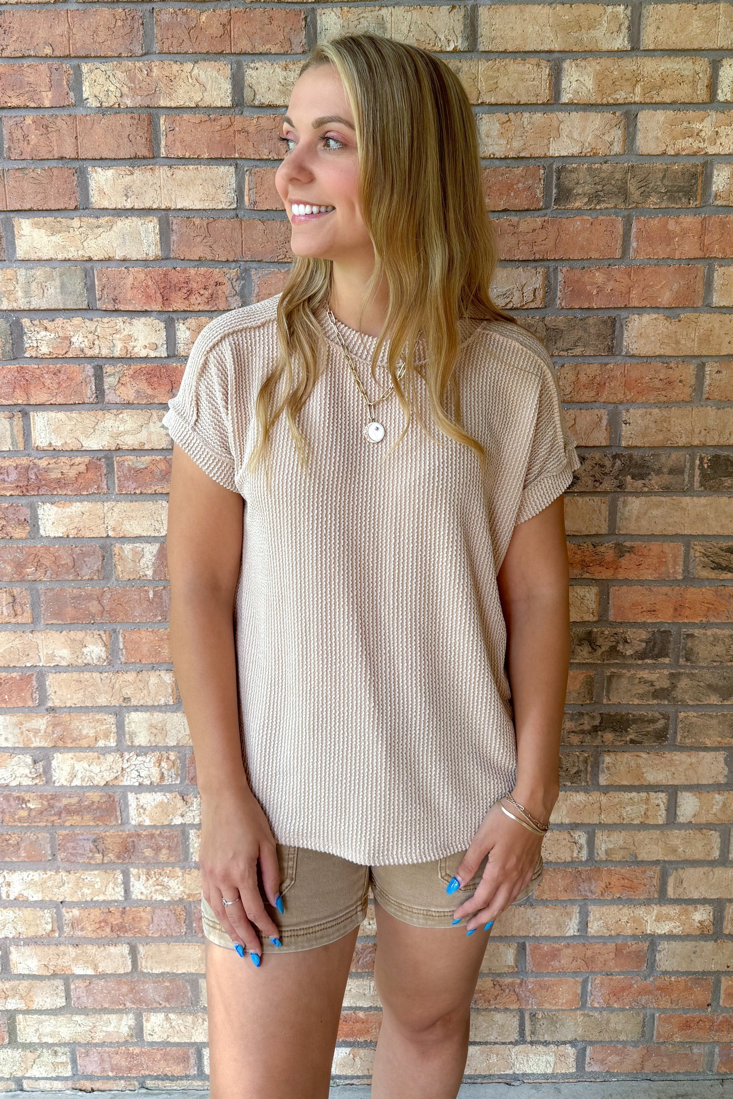 The Future is Bright Top Stitch Rib Knit Top, Beige