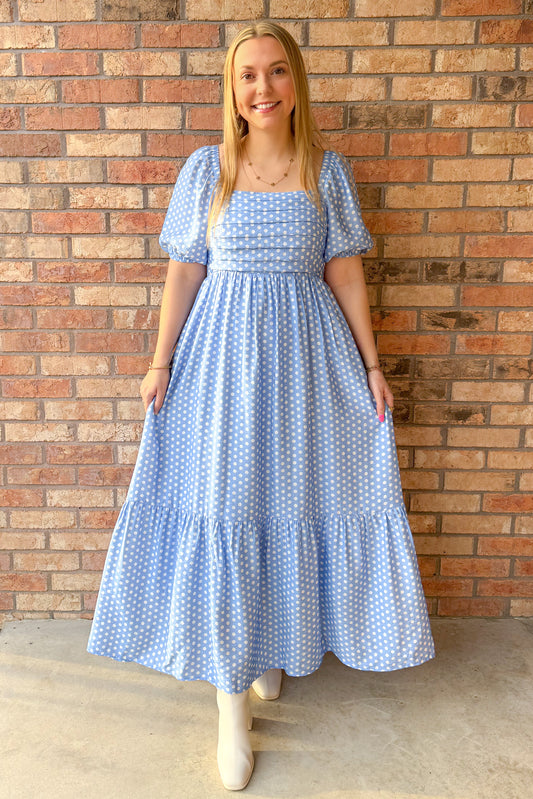 Just Say Yes Pleated Polka Dot Maxi Dress, Blue