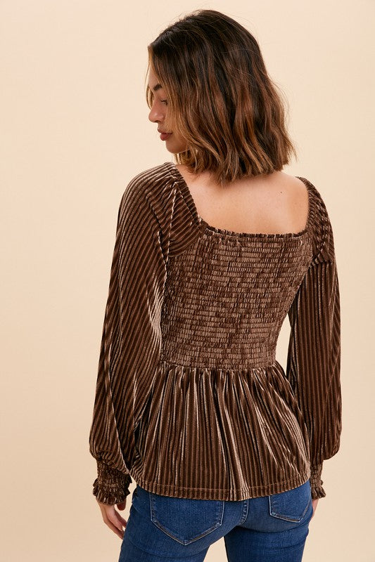 Then and Now Ribbed Velvet Square Neck Top, Mocha
