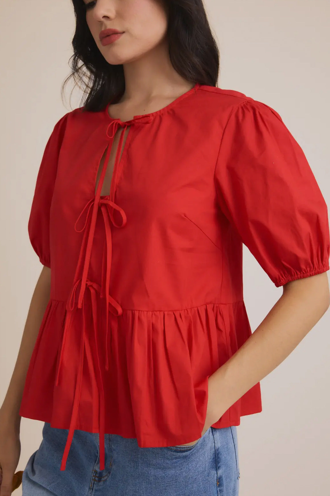 So Classic Front Tie Puff Half Sleeve Top, Red