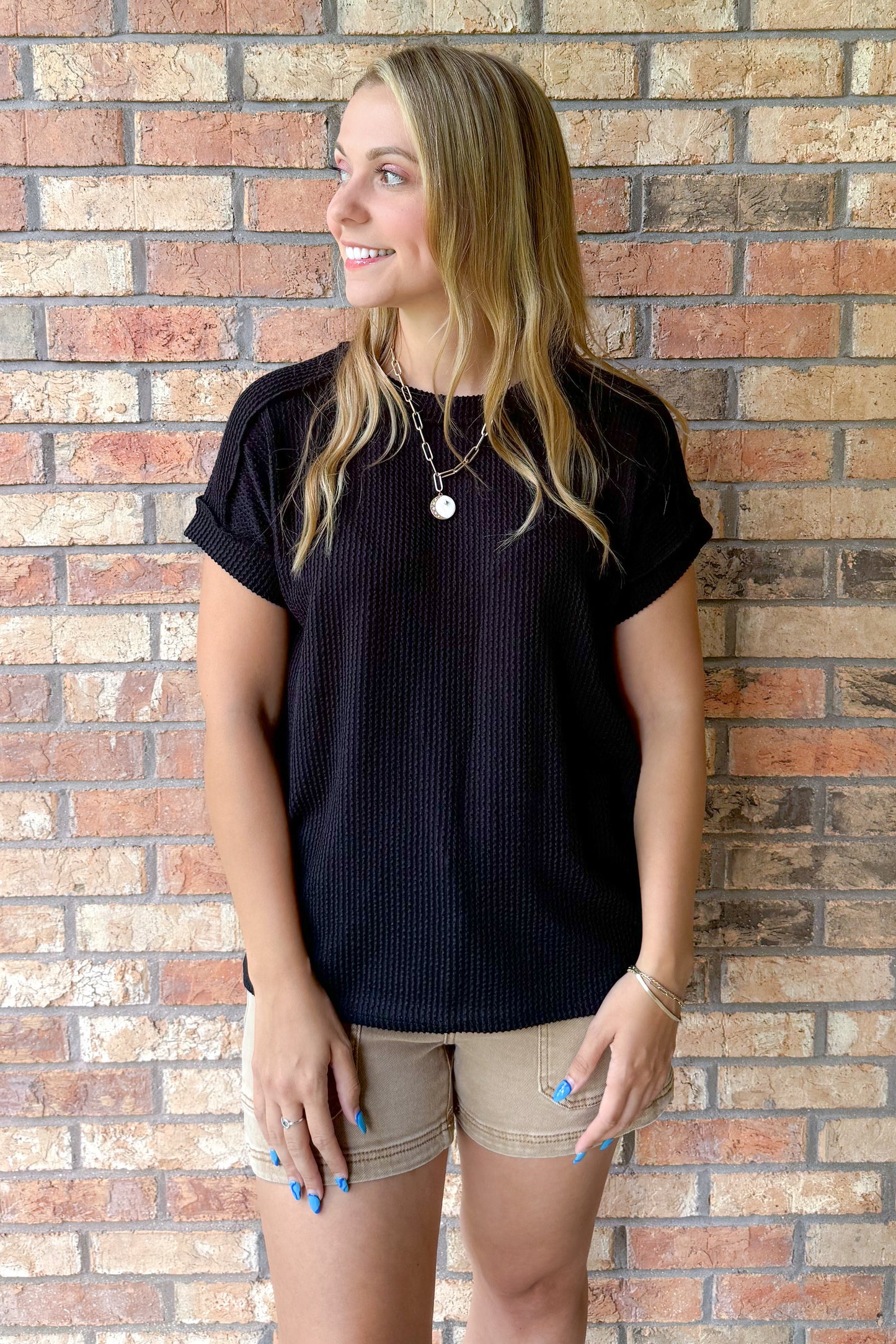 The Future is Bright Top Stitch Rib Knit Top, Black