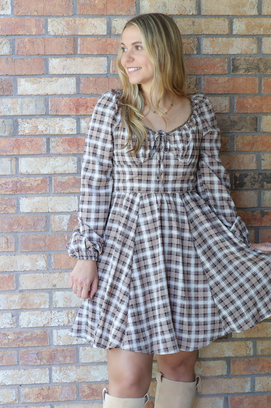 Falling For You Mini Dress, Brown/Multi