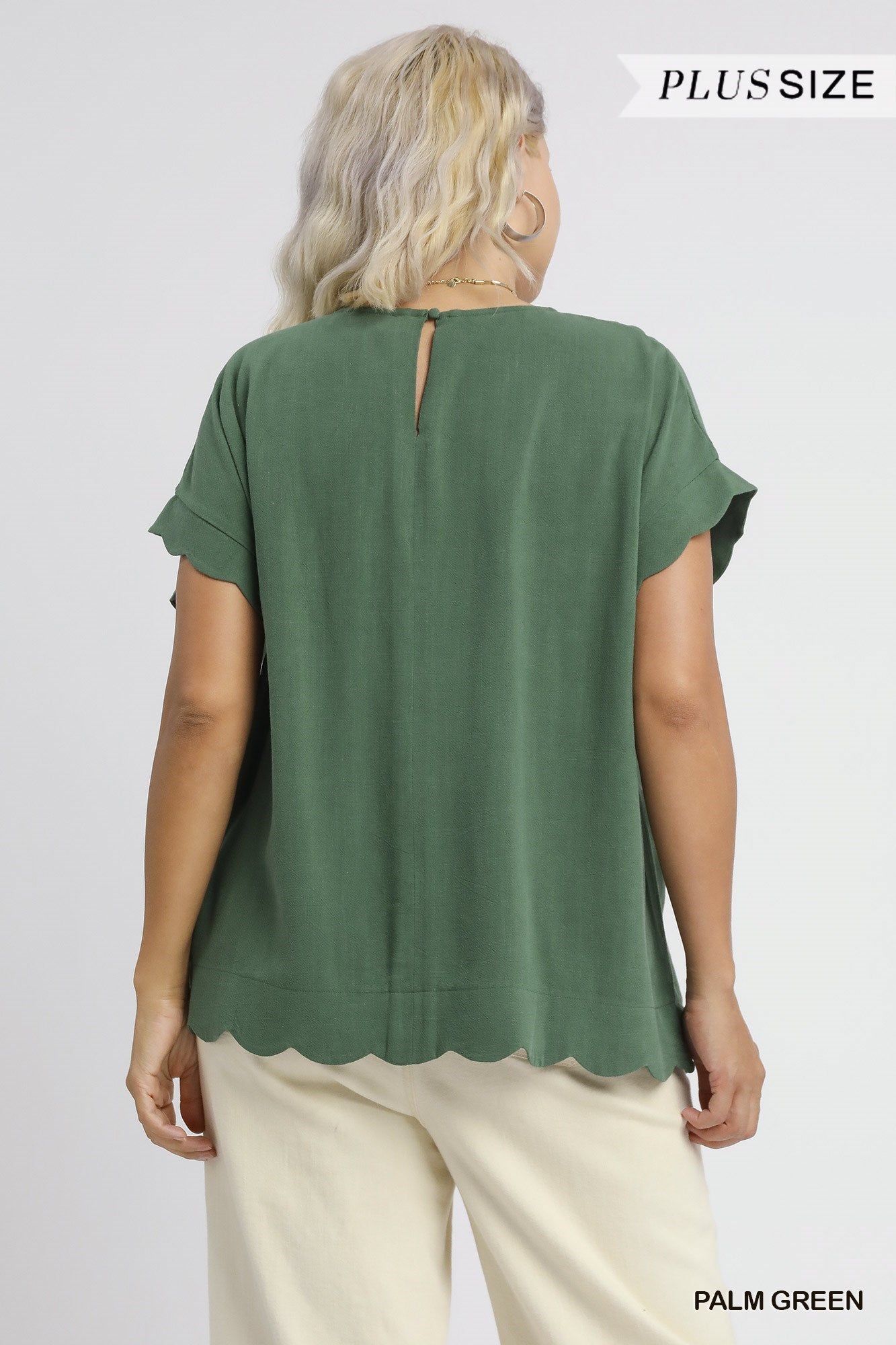 Run to You Scallop Hem Linen Blend Curvy Top, Palm Green