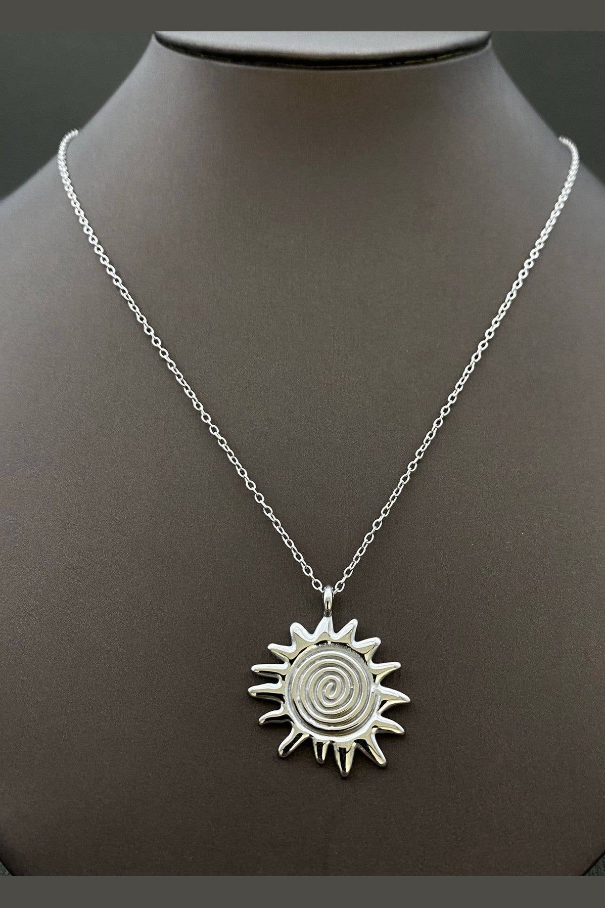 Sunny 18K Gold Plated Stainless Steel Vortex Sun Charm Necklace, Silver