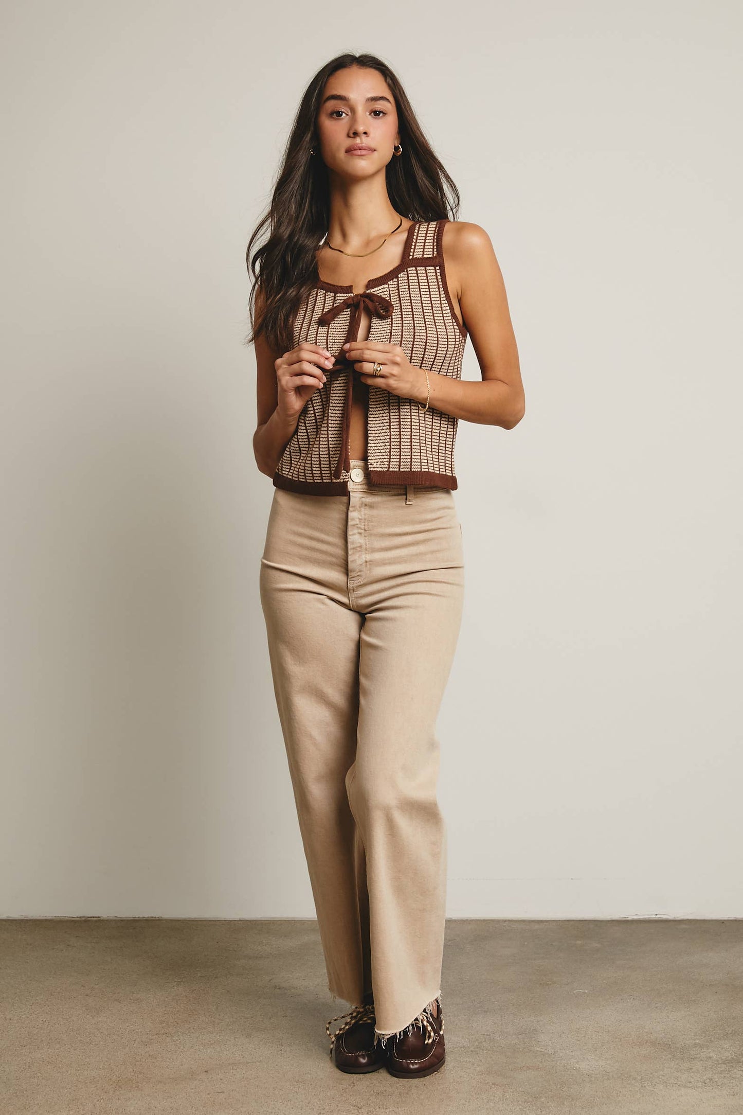 Cute as Ever Tie-Front Striped Knit Vest, Mocha