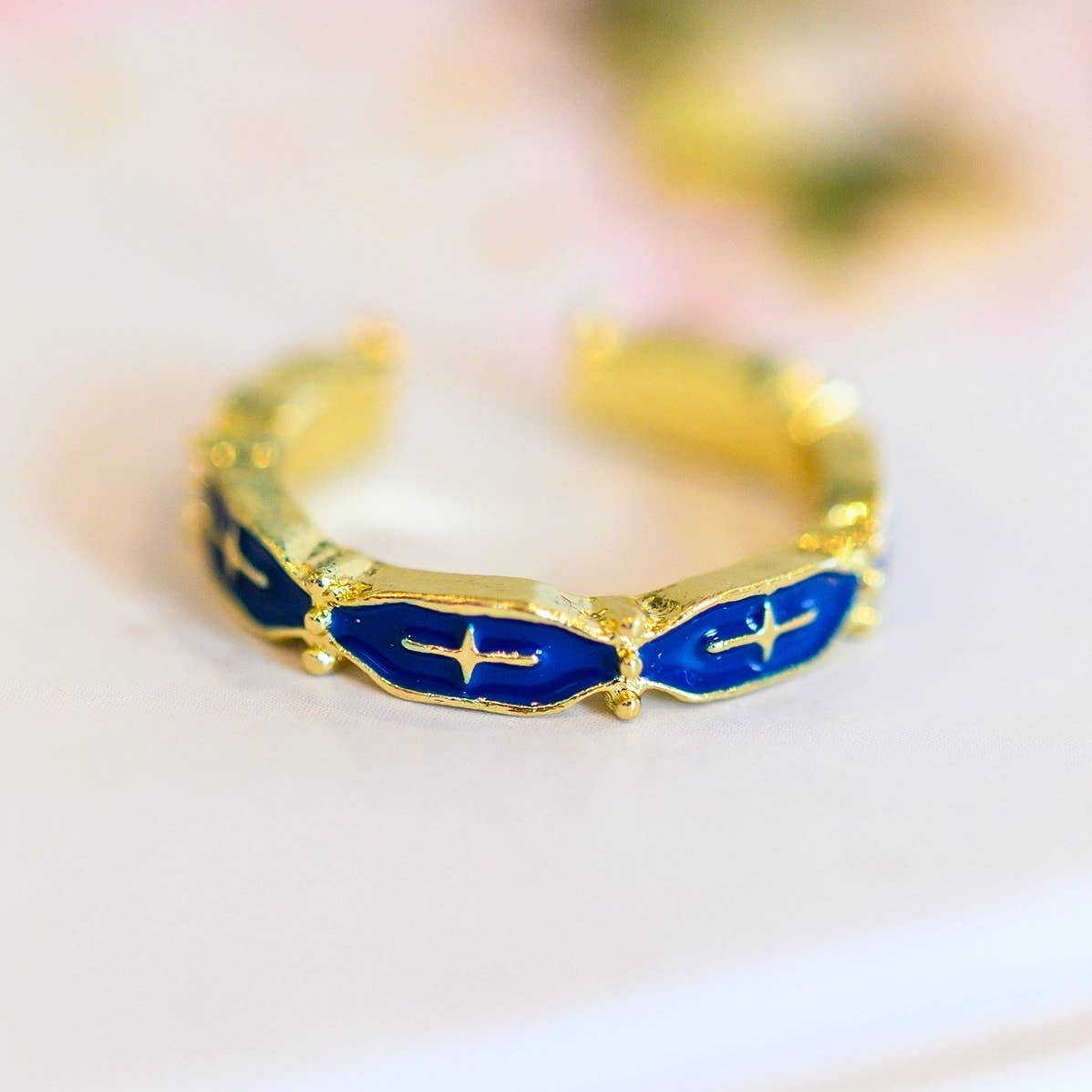 Mariana Hand Crafted Blue Cross 18K Gold Plated Stainless Steel Ring
