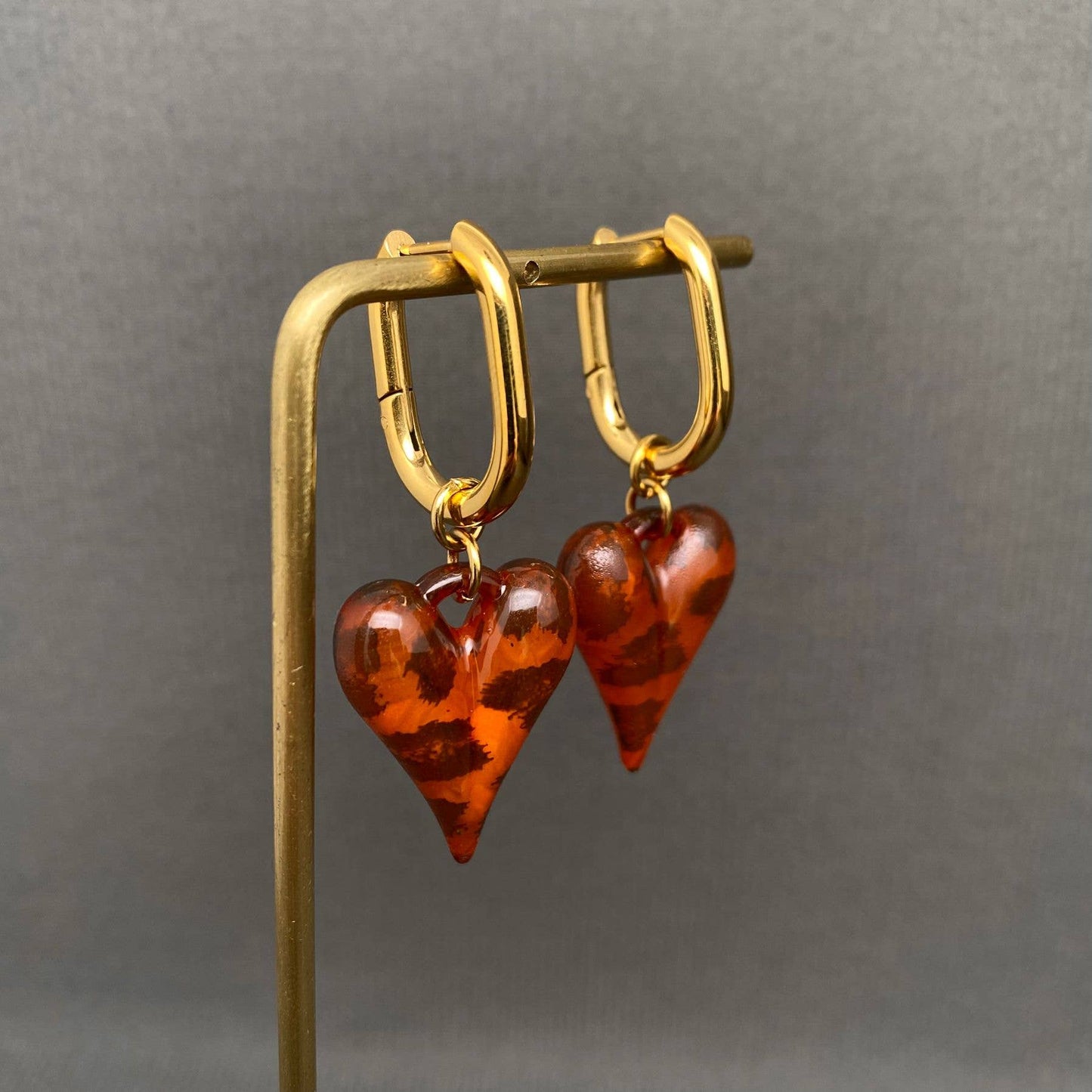 Sasha Acrylic Leopard Heart 18K Gold Plated Stainless Steel Huggie Earrings, Gold