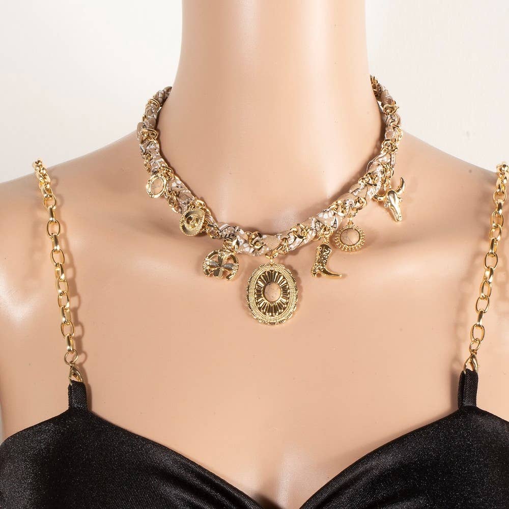 Western Stone Set Concho Charms Paisley Bandana And Chain Braided Necklace, Gold/Beige