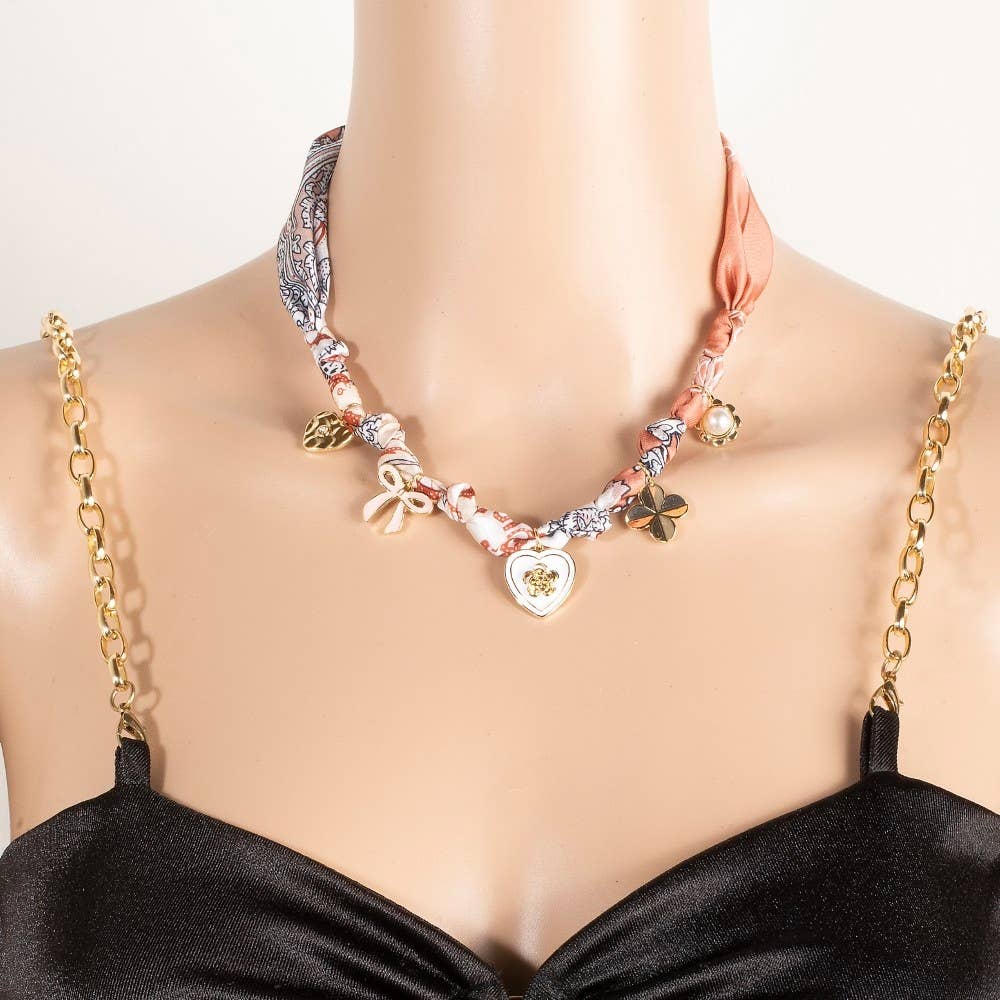 Enamel Heart And Ribbon Bow Charms Bandana Knotted Necklace, Gold