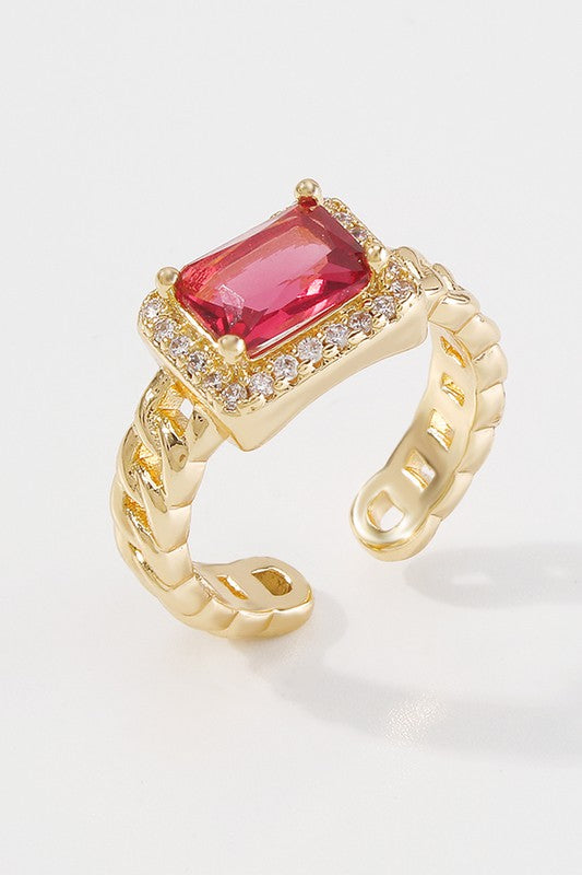 Vintage Copper Cuban Chain Large Jewel CZ Ring, Red