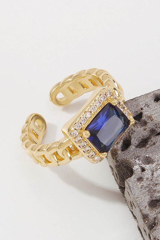 Vintage Copper Cuban Chain Large Jewel CZ Ring, Blue