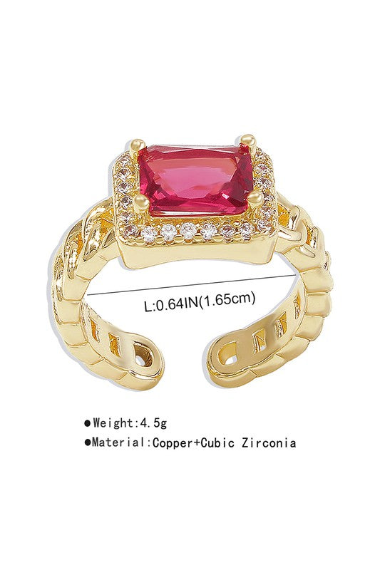 Vintage Copper Cuban Chain Large Jewel CZ Ring, Red