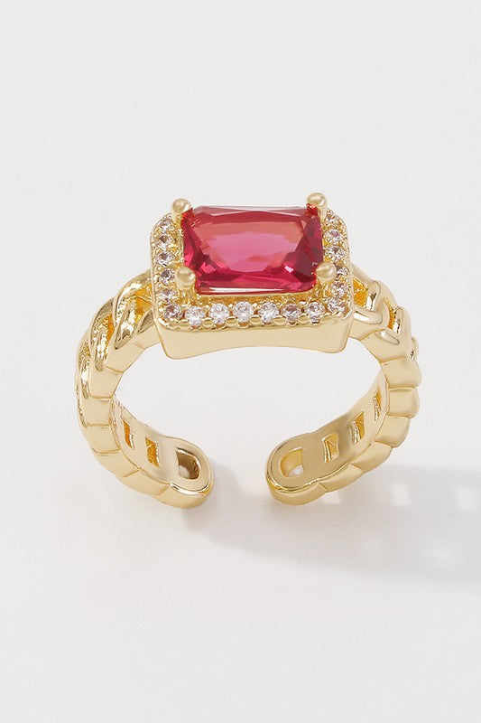 Vintage Copper Cuban Chain Large Jewel CZ Ring, Red