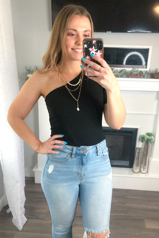 Classy Lady One Shoulder Puff Sleeve Top, Black