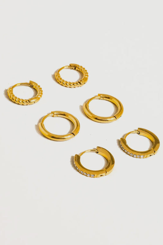 Maude 18K Gold Plated Stainless Steel Cz Hoops Earring Set of Three, Gold