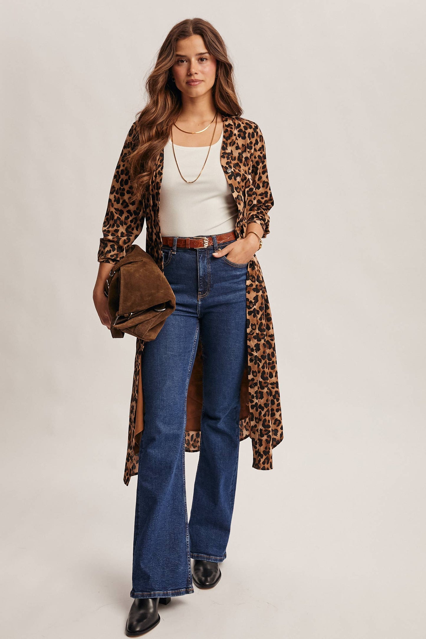 Wild Romance Leopard Print Button-Front Cardigan/Midi Dress