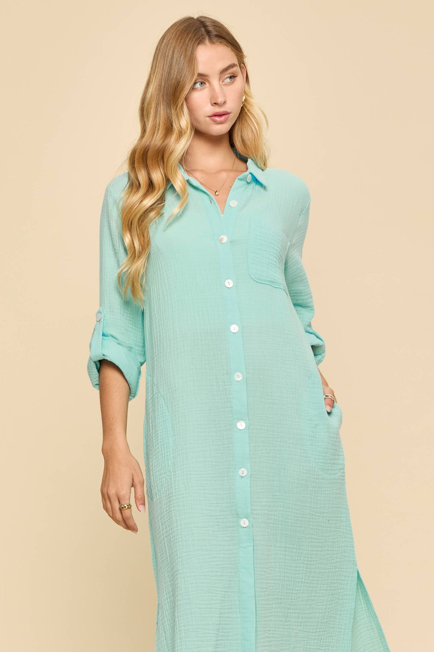 Soak Up The Sun Breathable Cotton Button-Down Duster, Aqua Breeze