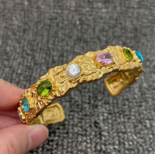 Mira Inlaid Colored Zircon 18K Gold Plated Stainless Steel Hammer Texture Cuff, Gold