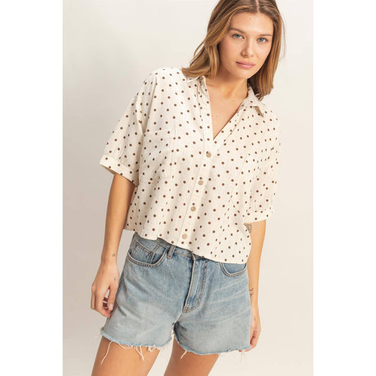 Feel the Vibe Polka Dot Top, Oatmeal