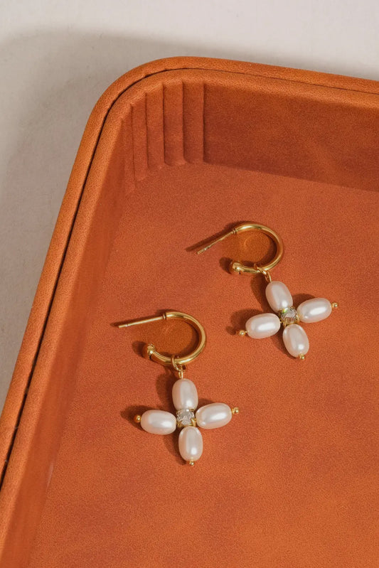 Chaleur Pearl Cross C Hoop 18K Gold Plated Stainless Steel Earrings, Gold