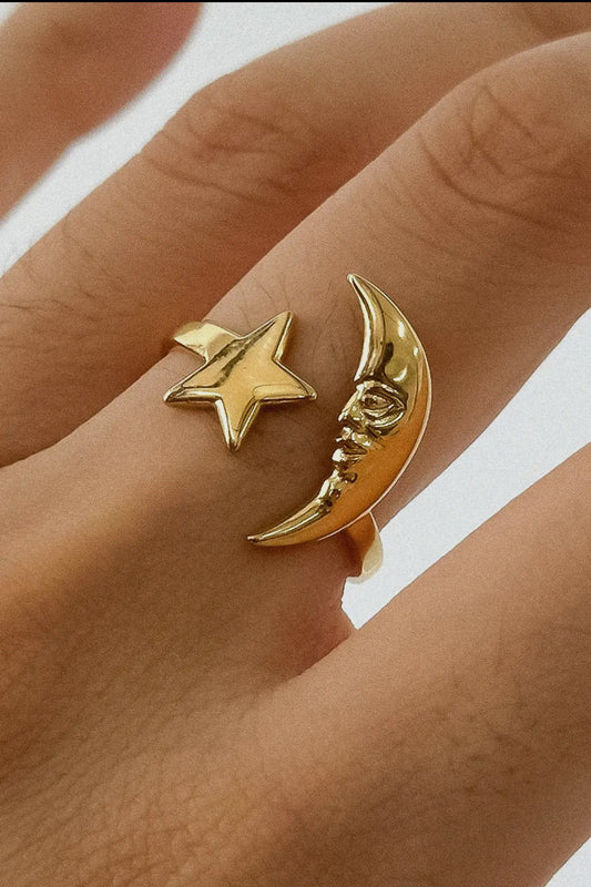 Star and Moon 18K Gold Plated Stainless Steel Ring, Gold