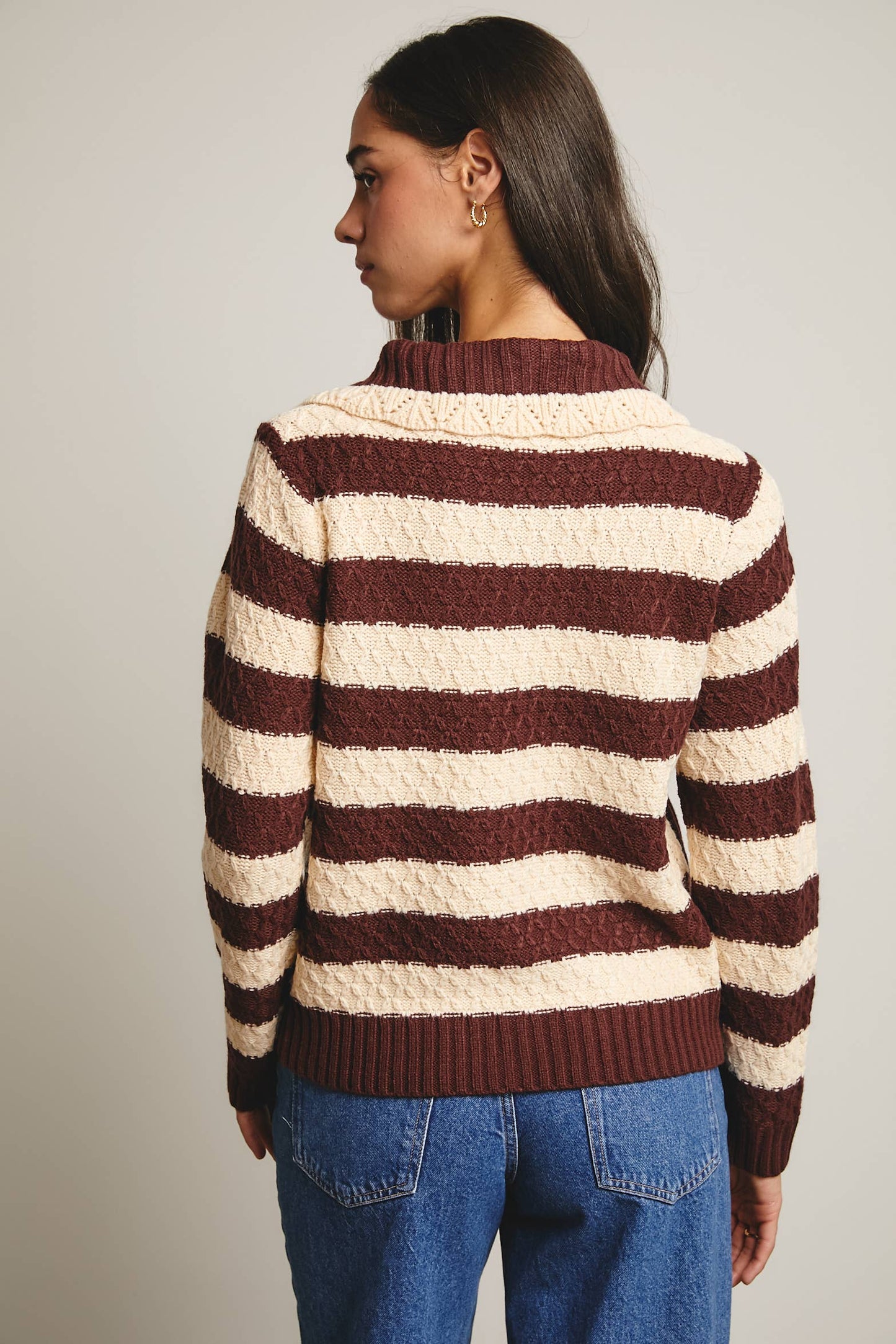 Coffee Date Striped Knit Peter Pan Collar Cardigan, Mocha