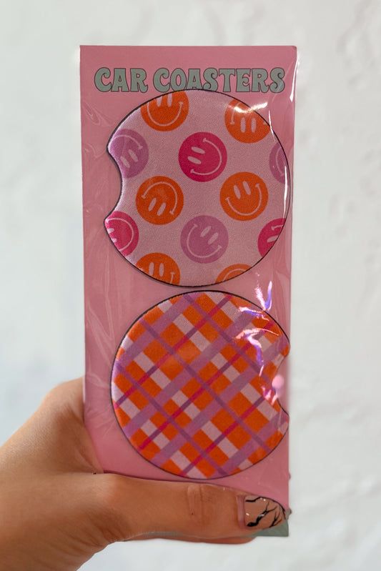 Pink and Orange Happy Gingham Car Coasters