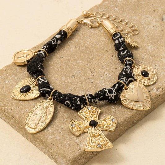 Cross And Heart Charms Bandana Bracelet, Gold/Black