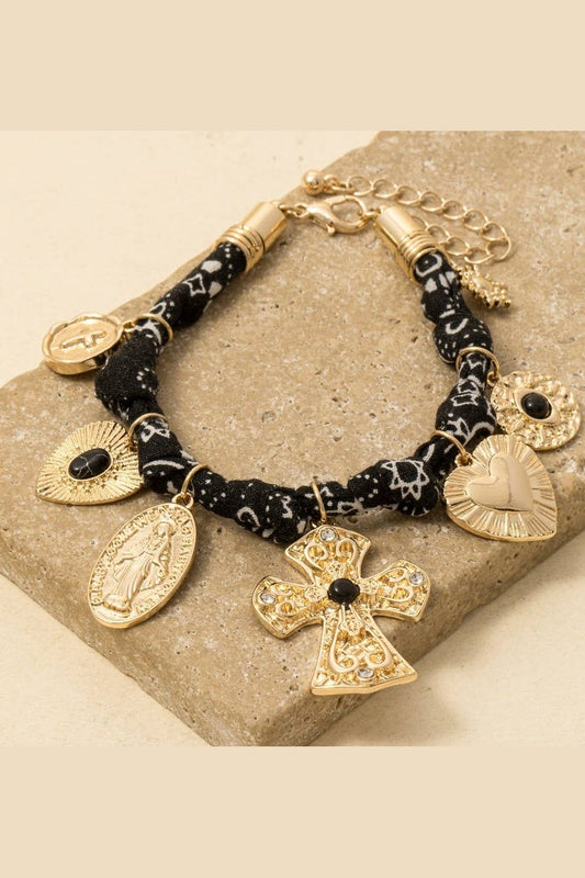 Cross And Heart Charms Bandana Bracelet, Gold/Black