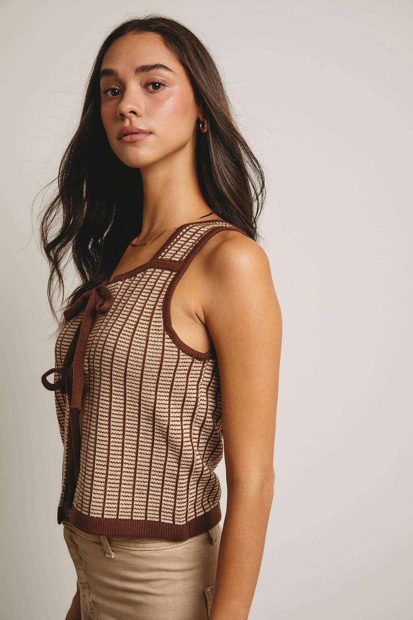Cute as Ever Tie-Front Striped Knit Vest, Mocha