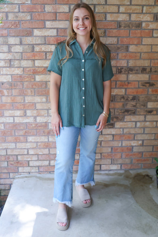 Making Memories Frayed Button Down Top, Sea Green