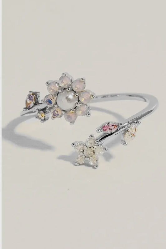 Mixed Studded Floral Adjustable Ring, Silver