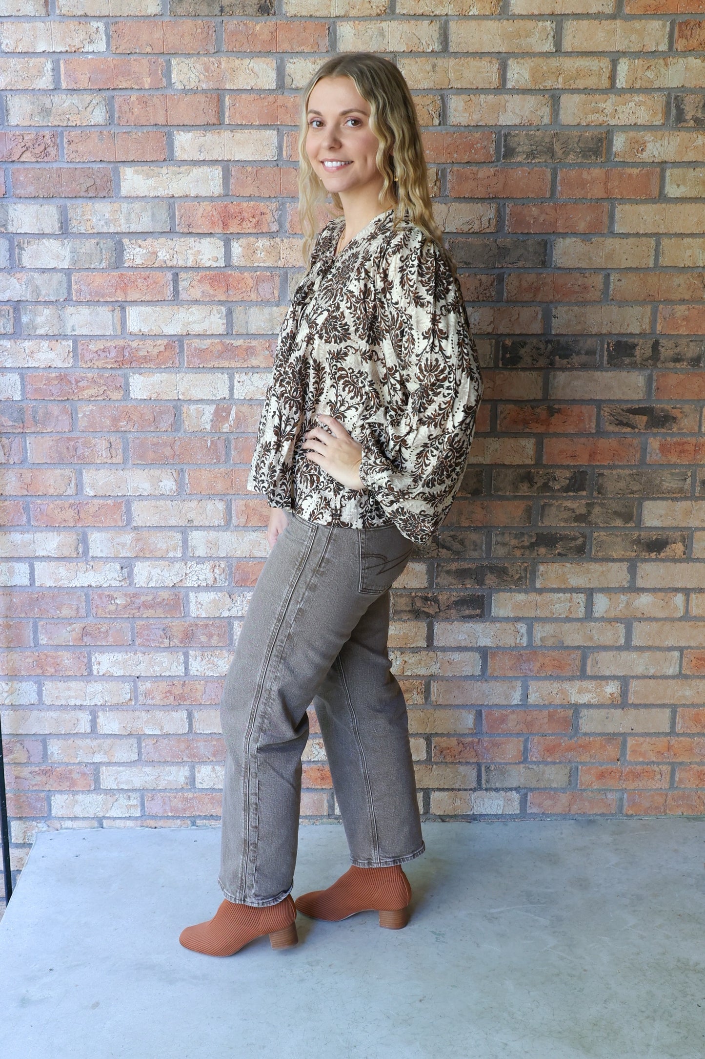 Since You've Been Gone Front Tie Balloon Sleeve Top, Tan/Brown