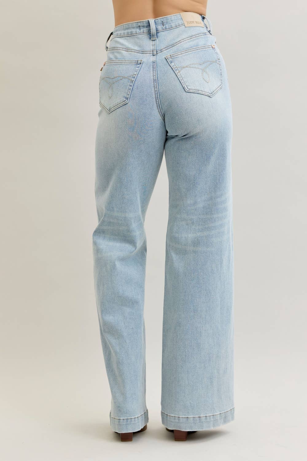 High Waisted Retro Wide Criss-Cross Waist Band Mild Destroy Judy Blue Jeans, Light Wash