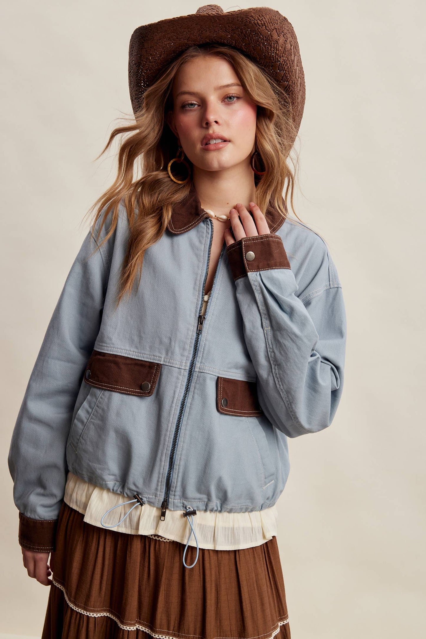 The Scenic Route Contrast Trim Western Utility Jacket, Dusty Blue