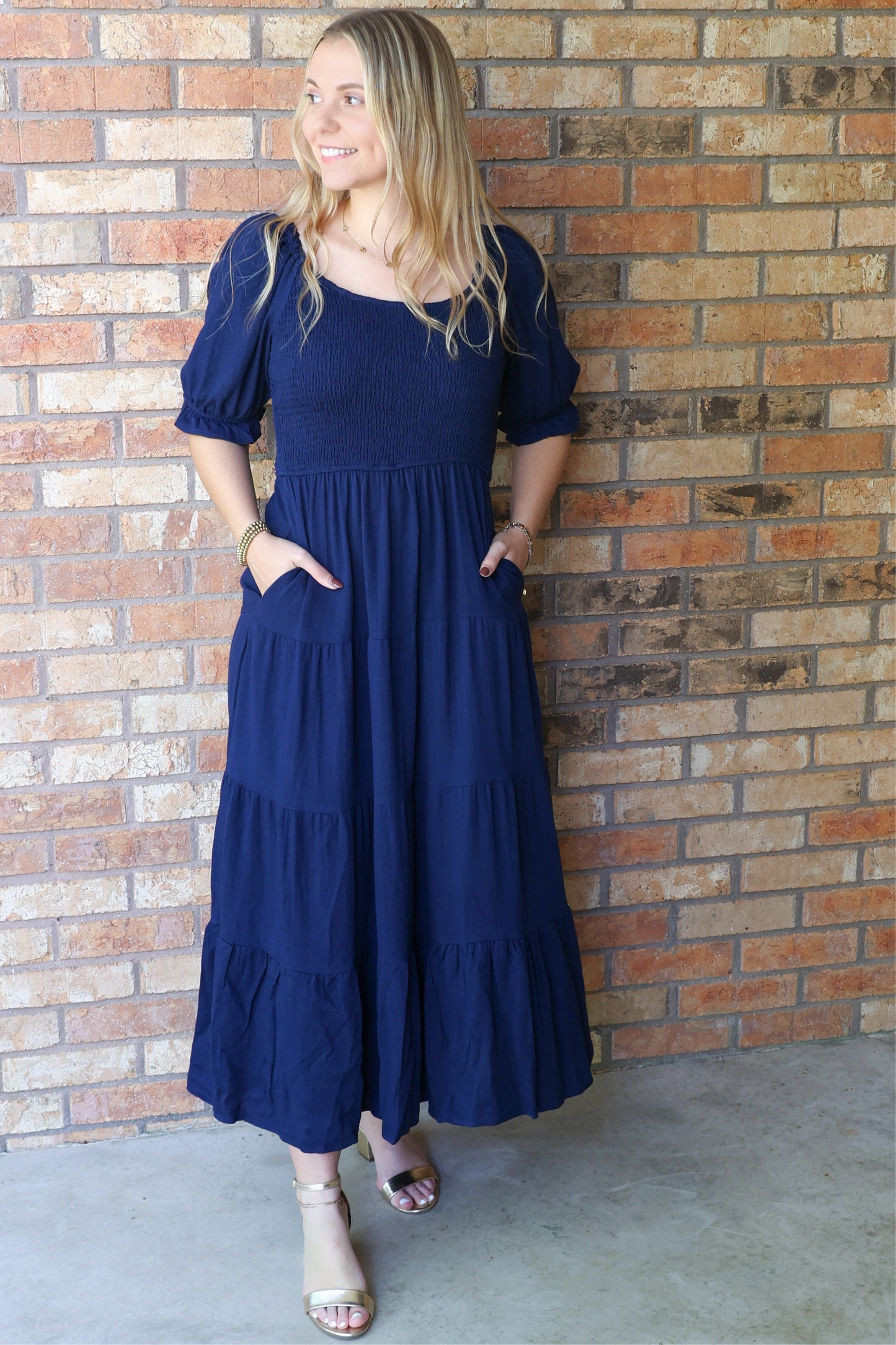 Jolene Smocked Tiered Maxi Dress, Classic Navy