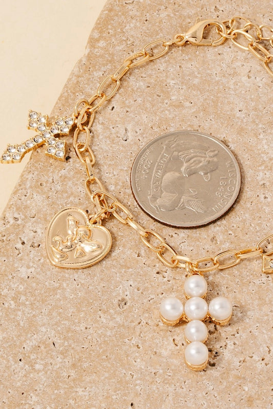 Mixed Pave Cross and Heart Charms Chain Bracelet, Gold