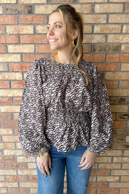 Exotic Looks Peplum Hem Zebra Printed Blouse, Taupe/Brown