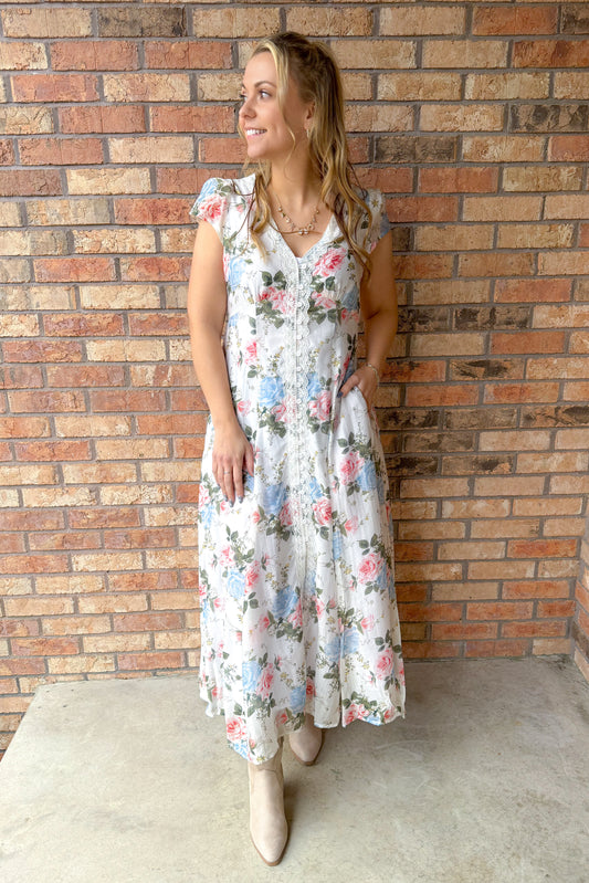 Hello Darling Floral Lace Trim Button Down Dress