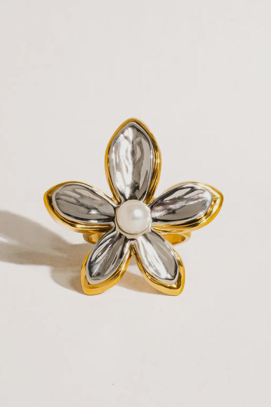 Margo 18K Gold Plated Stainless Steel Pearl Flower Adjustable Ring, Gold/Silver