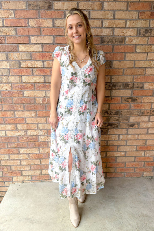 Hello Darling Floral Lace Trim Button Down Dress