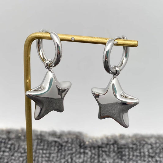 Serena 18K Gold Plated Stainless Steel Glossy Star Charm Huggie Earrings, Silver