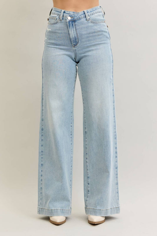 High Waisted Retro Wide Criss-Cross Waist Band Mild Destroy Judy Blue Jeans, Light Wash